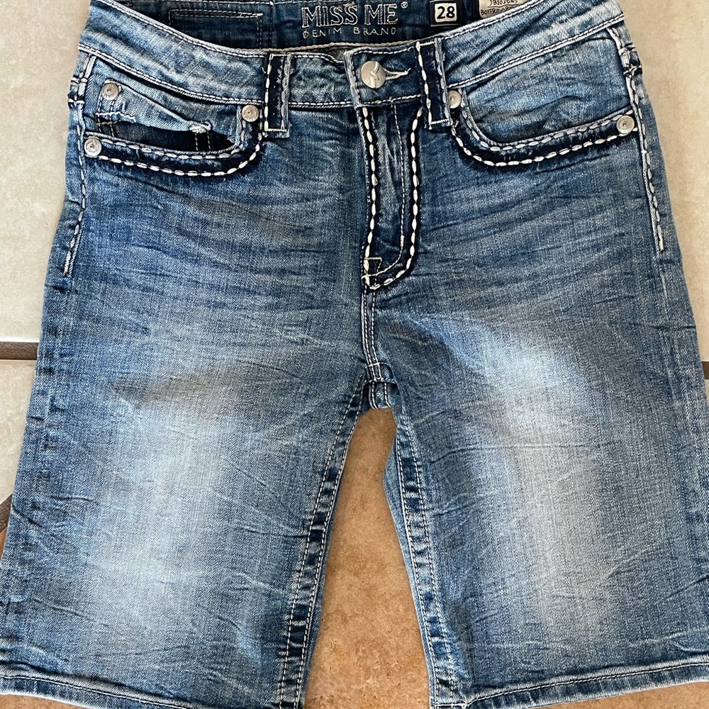 Miss Me Distressed Medium Blue Denim Bermuda Shorts